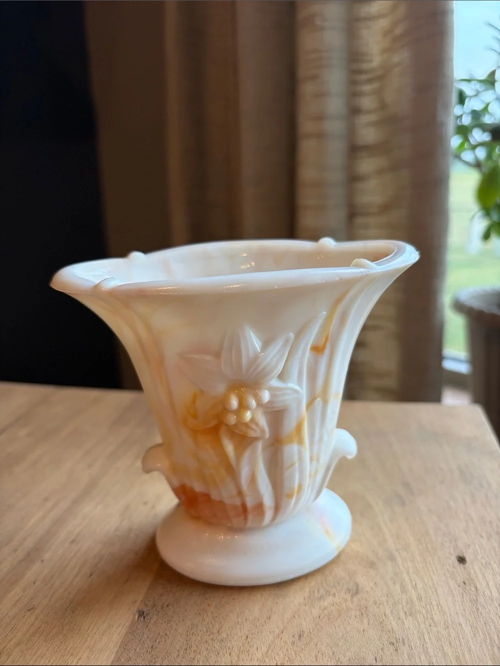Akro Agate Lily Vase Orange Brownish Marbleized Slag Made in USA #658